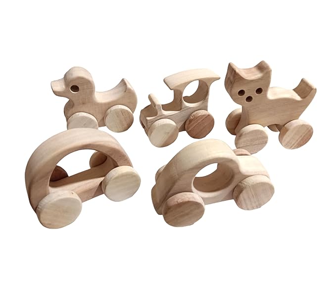 Beautiful Neem Wooden Wheel Toys - 5 Unique Shpes