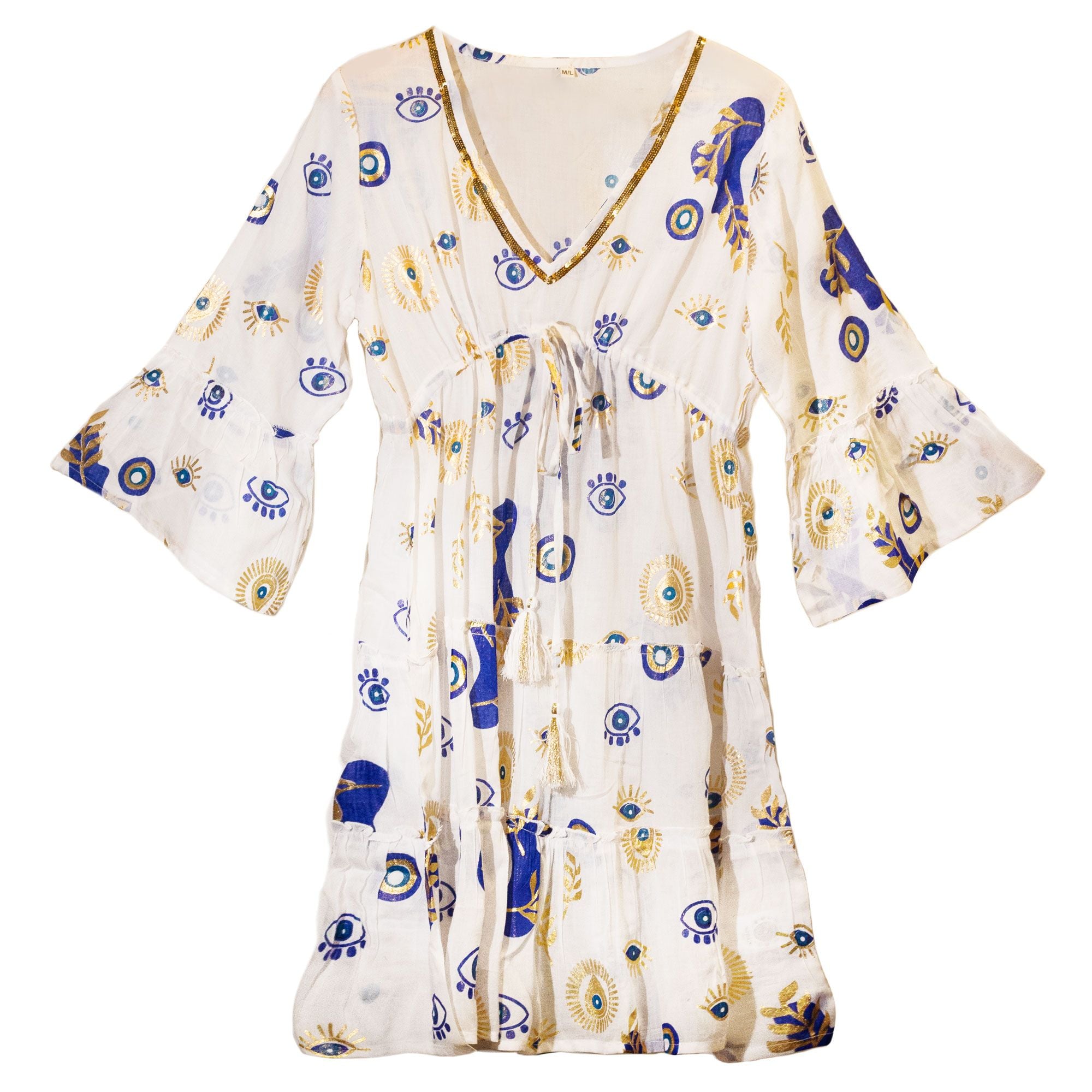 (ML) Nomad Sari On the Med Collection - Dress -  White , Blue & Gold Evil Eye Design
