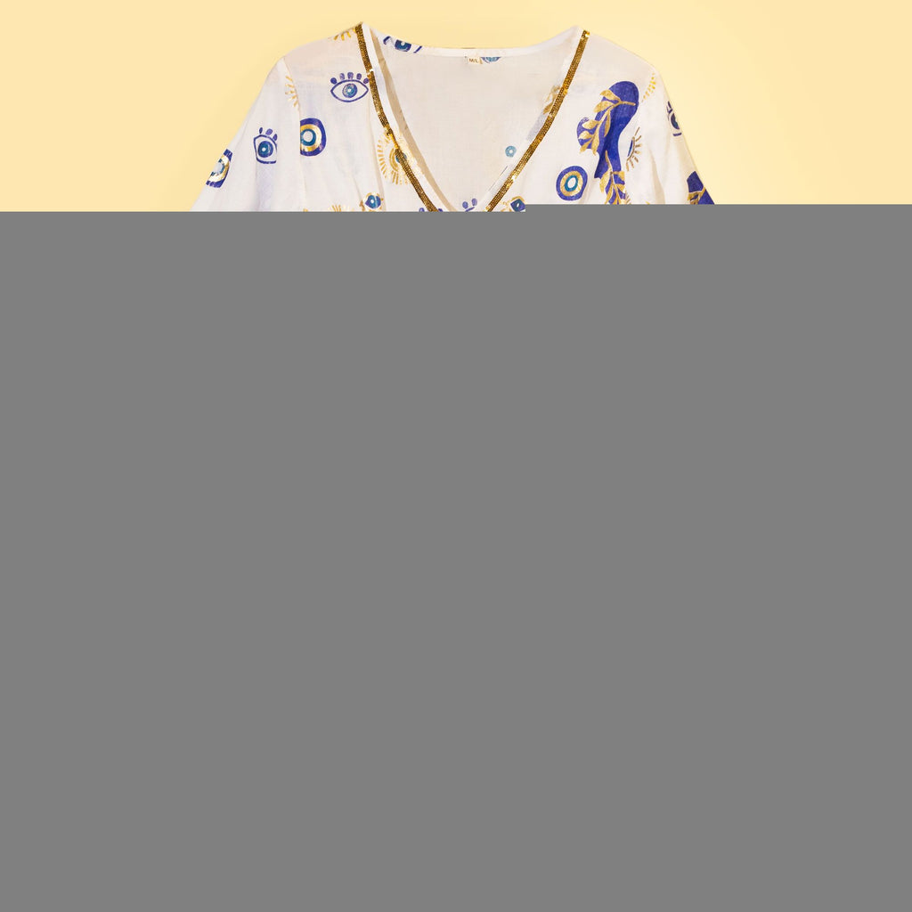 (LXL) Nomad Sari On the Med Collection - Dress -  White , Blue & Gold Evil Eye Design