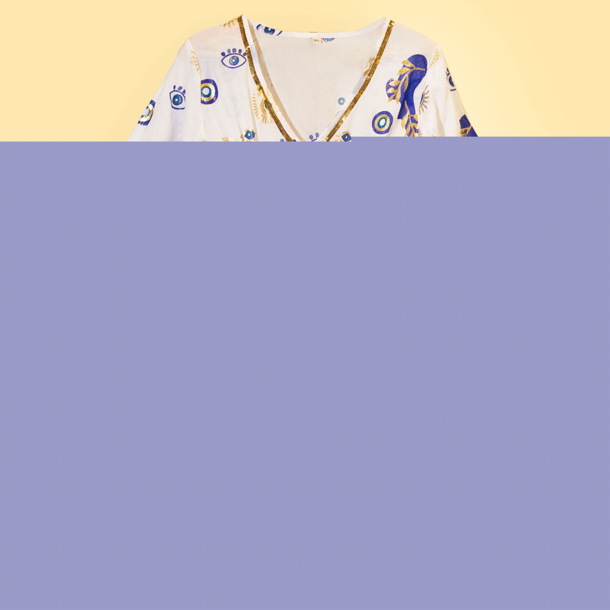 (LXL) Nomad Sari On the Med Collection - Dress -  White , Blue & Gold Evil Eye Design