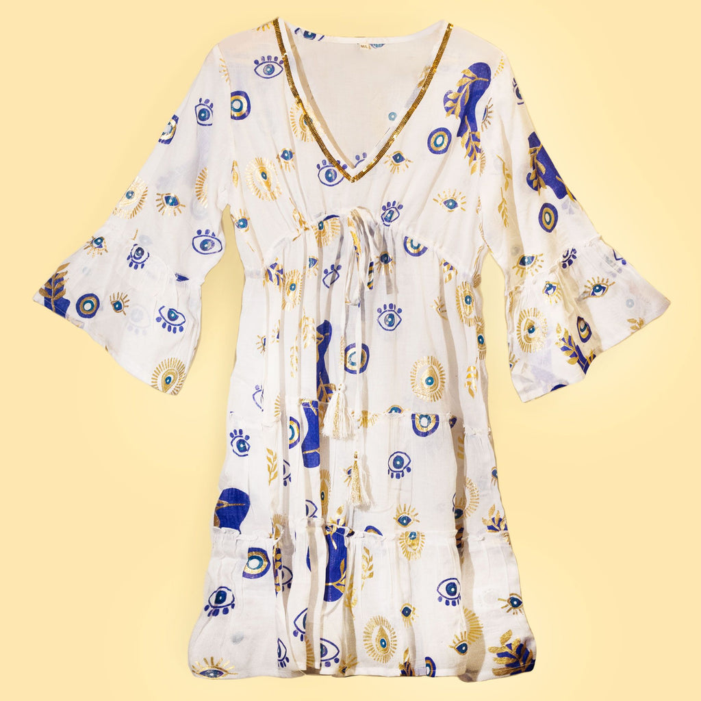 (ML) Nomad Sari On the Med Collection - Dress -  White , Blue & Gold Evil Eye Design