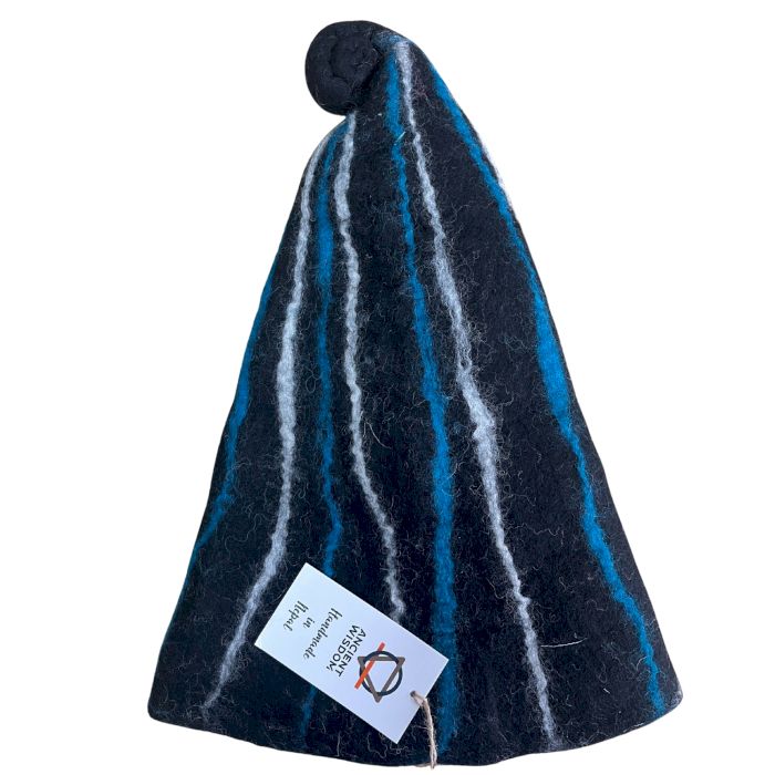 Felted Sauna Wizard Hat - Black Blue Streaks