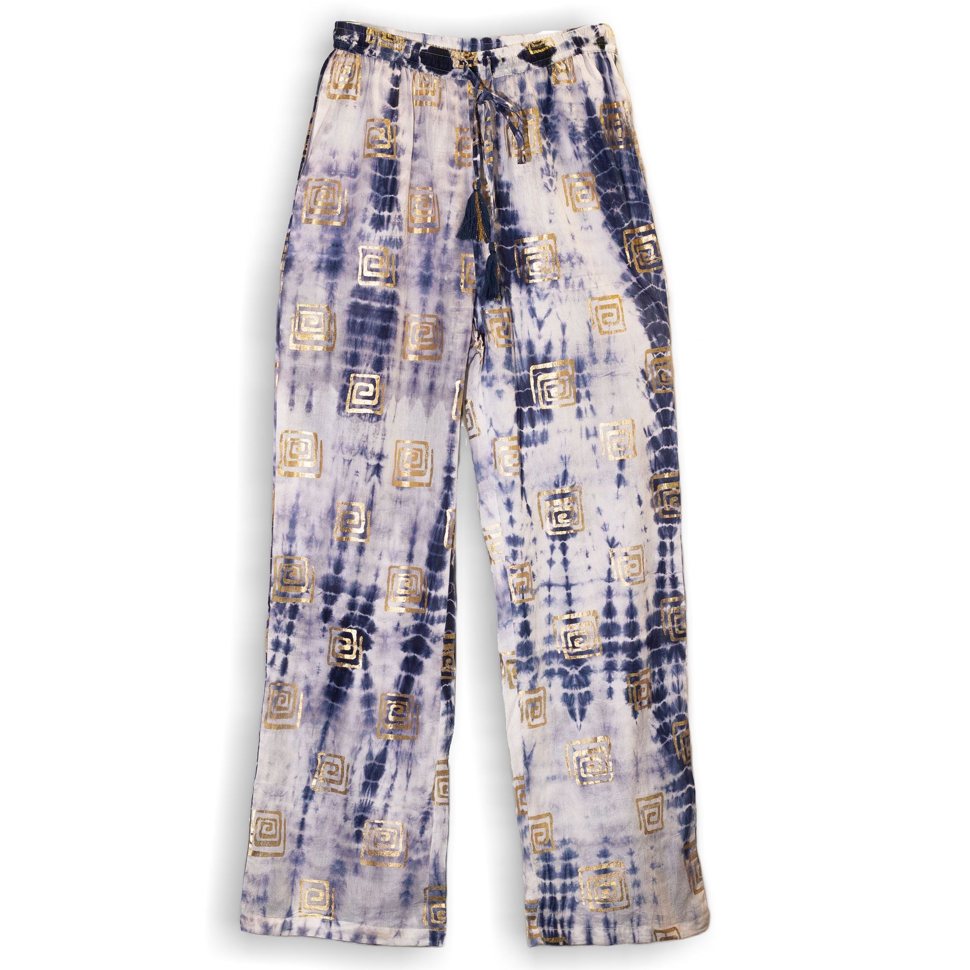 (ML) Nomad Sari On the Med Collection - Lounge Pants - Gold & Blue Greek Motiff - Handpainted