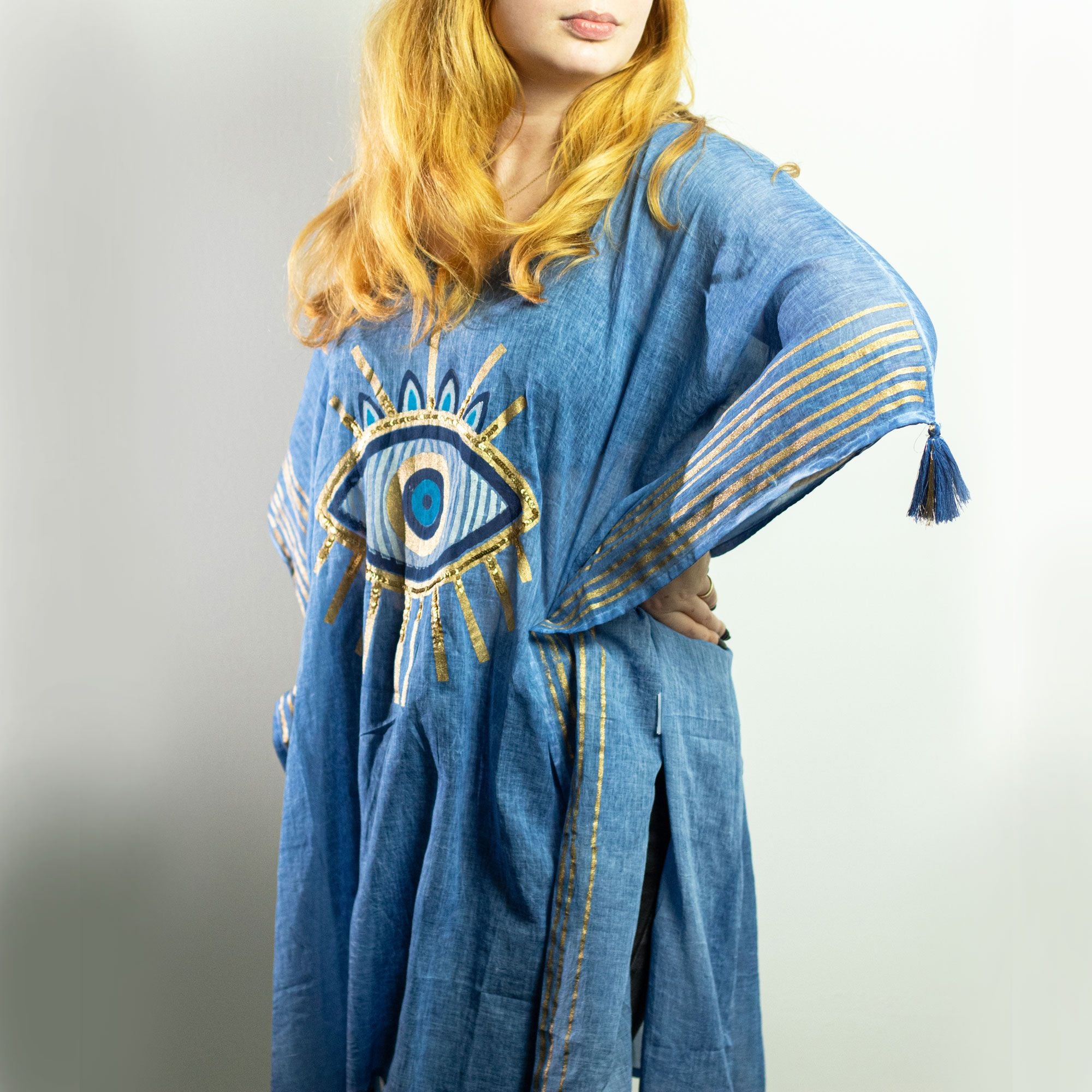Nomad Sari On the Med Collection - Kaftan - Rich Blue & Gold Hand Painted Evil Eye Design - Handpainted