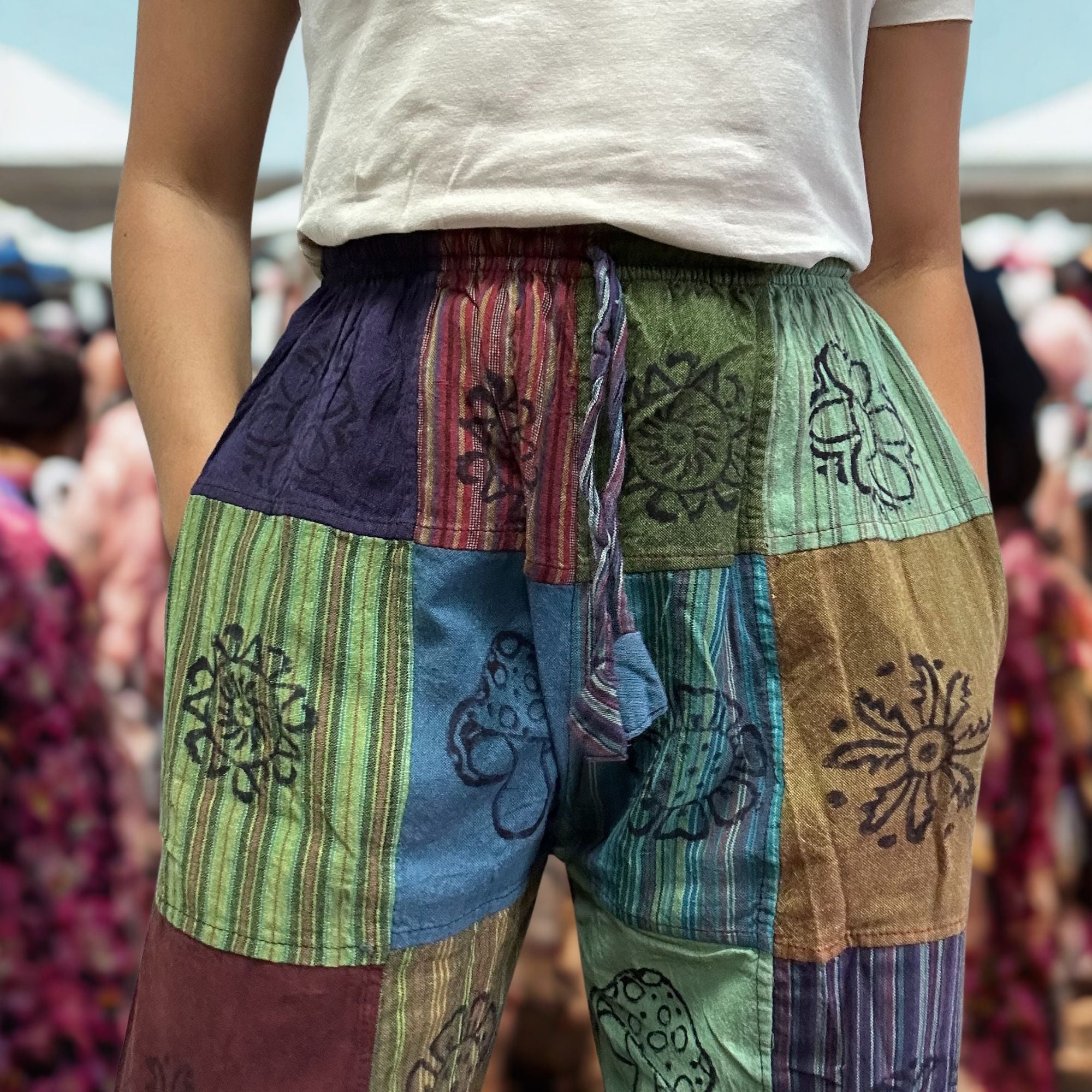 Nomad Sari - Mushroom Pants - Block Print Designs - Green Tones (110x120cm) L/XL