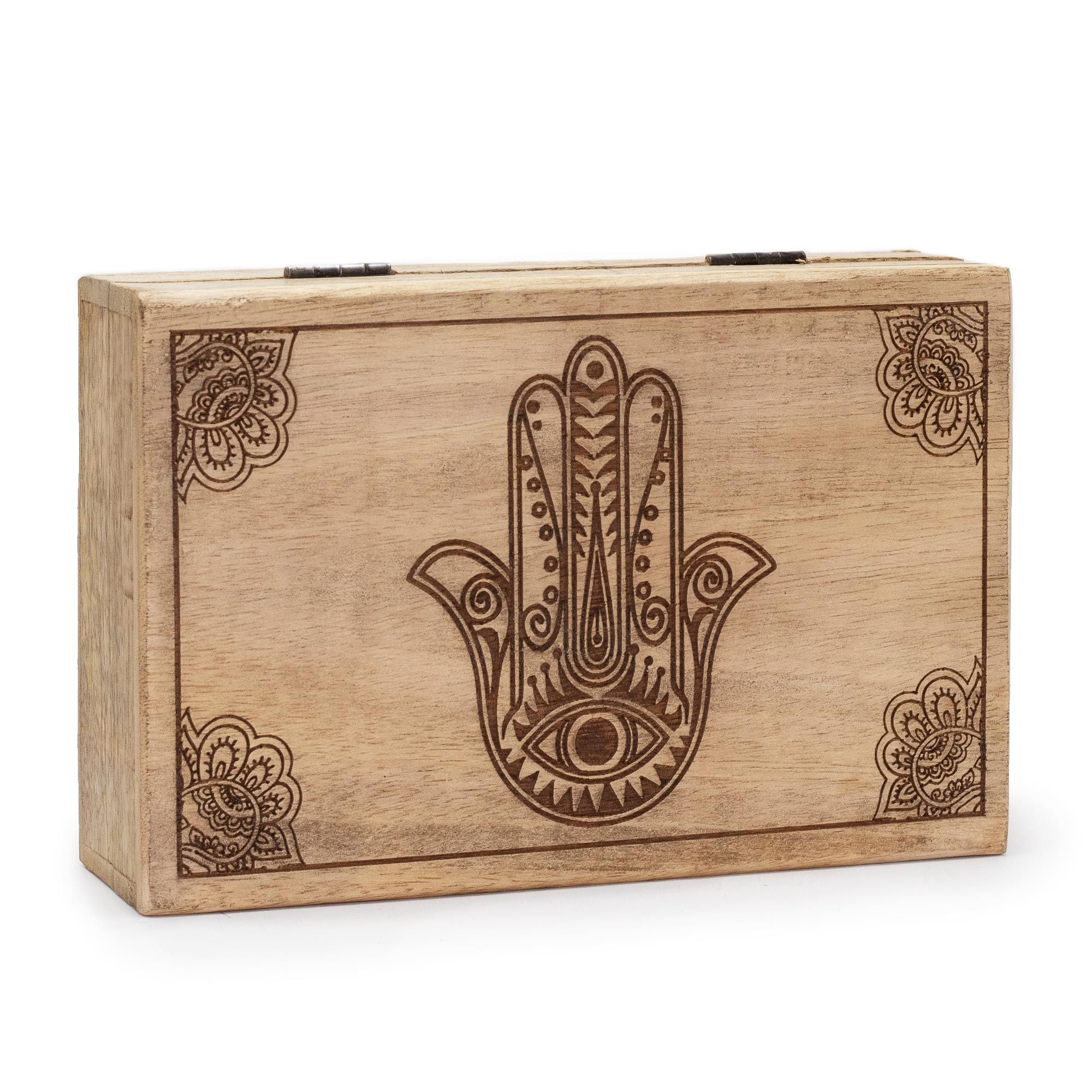 Stor rektangulær æske 21,5x14x6,3cm - Hamsa sort graveret