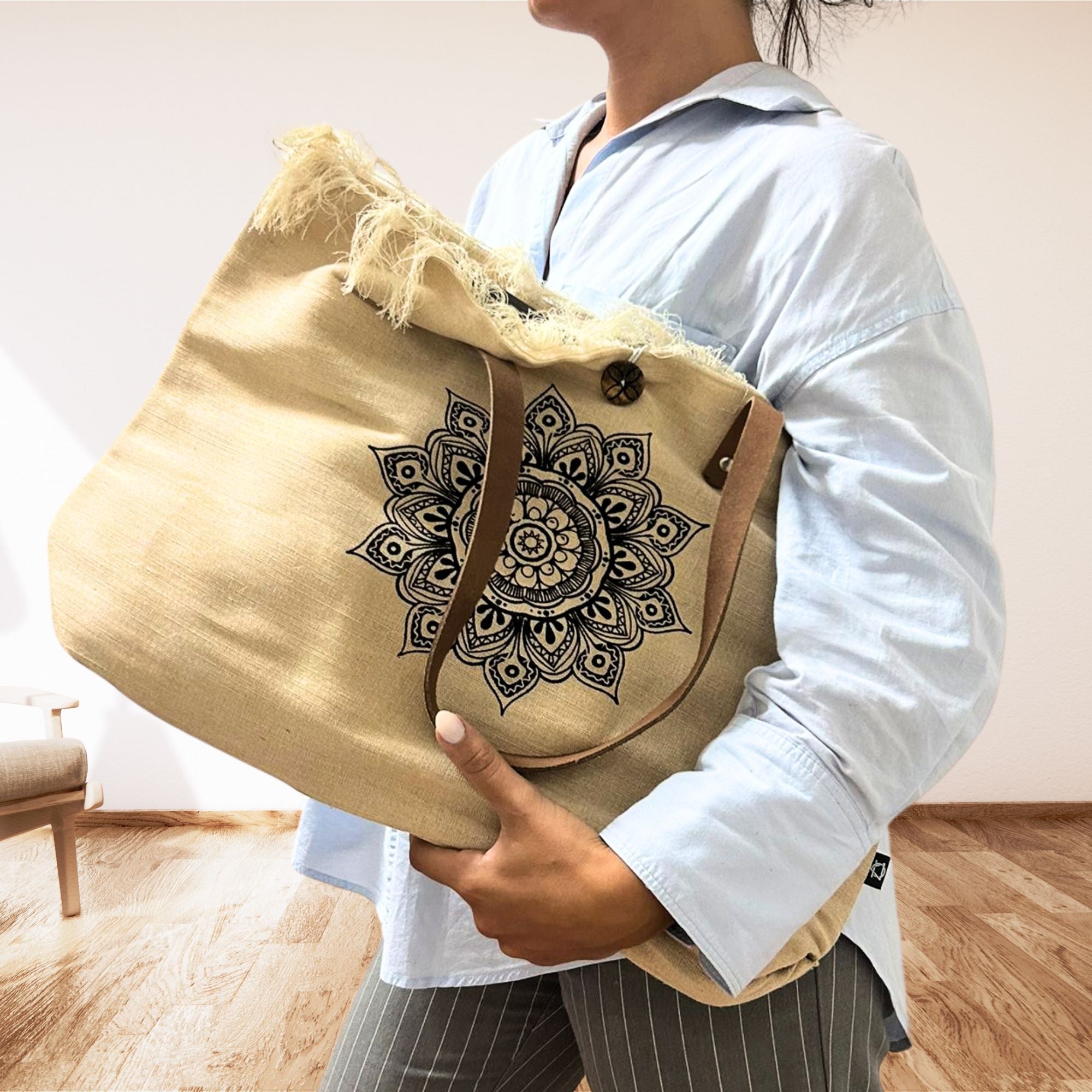 Natural Tote Bag Leather Handle - Mandala