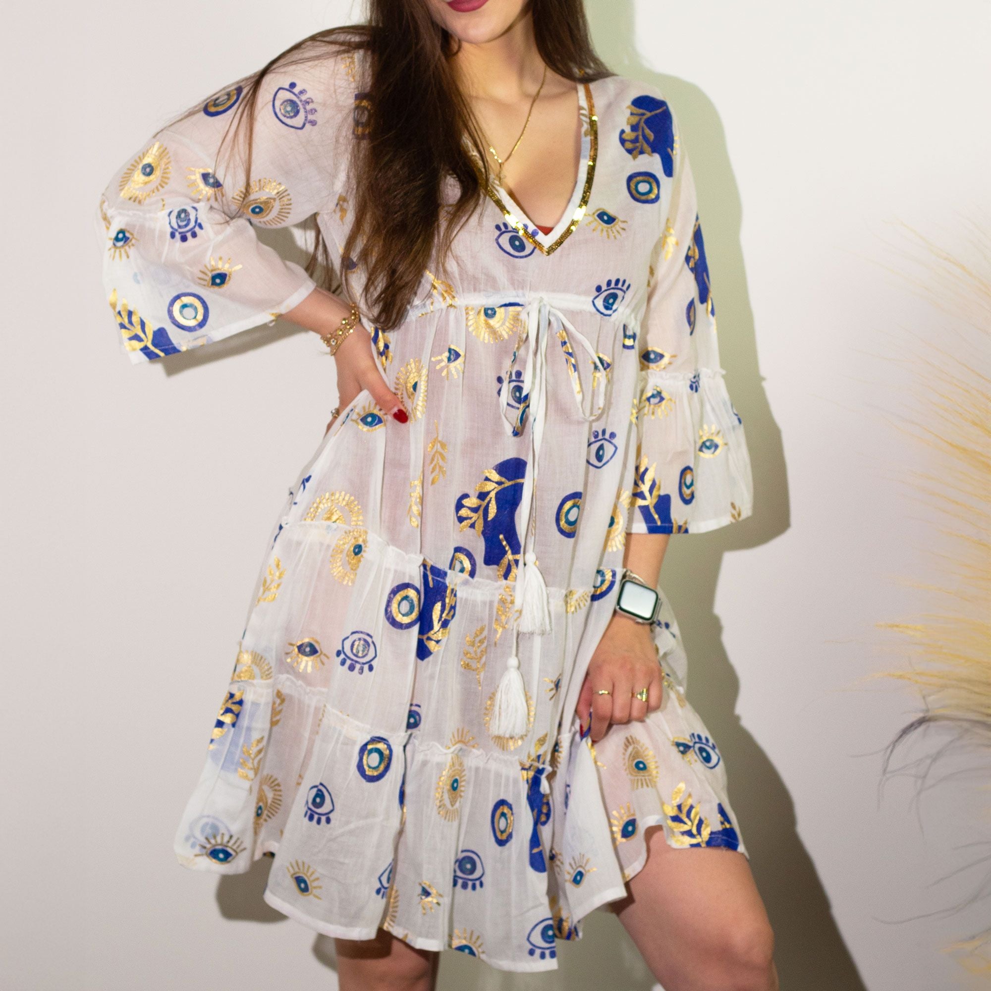 (ML) Nomad Sari On the Med Collection - Dress -  White , Blue & Gold Evil Eye Design