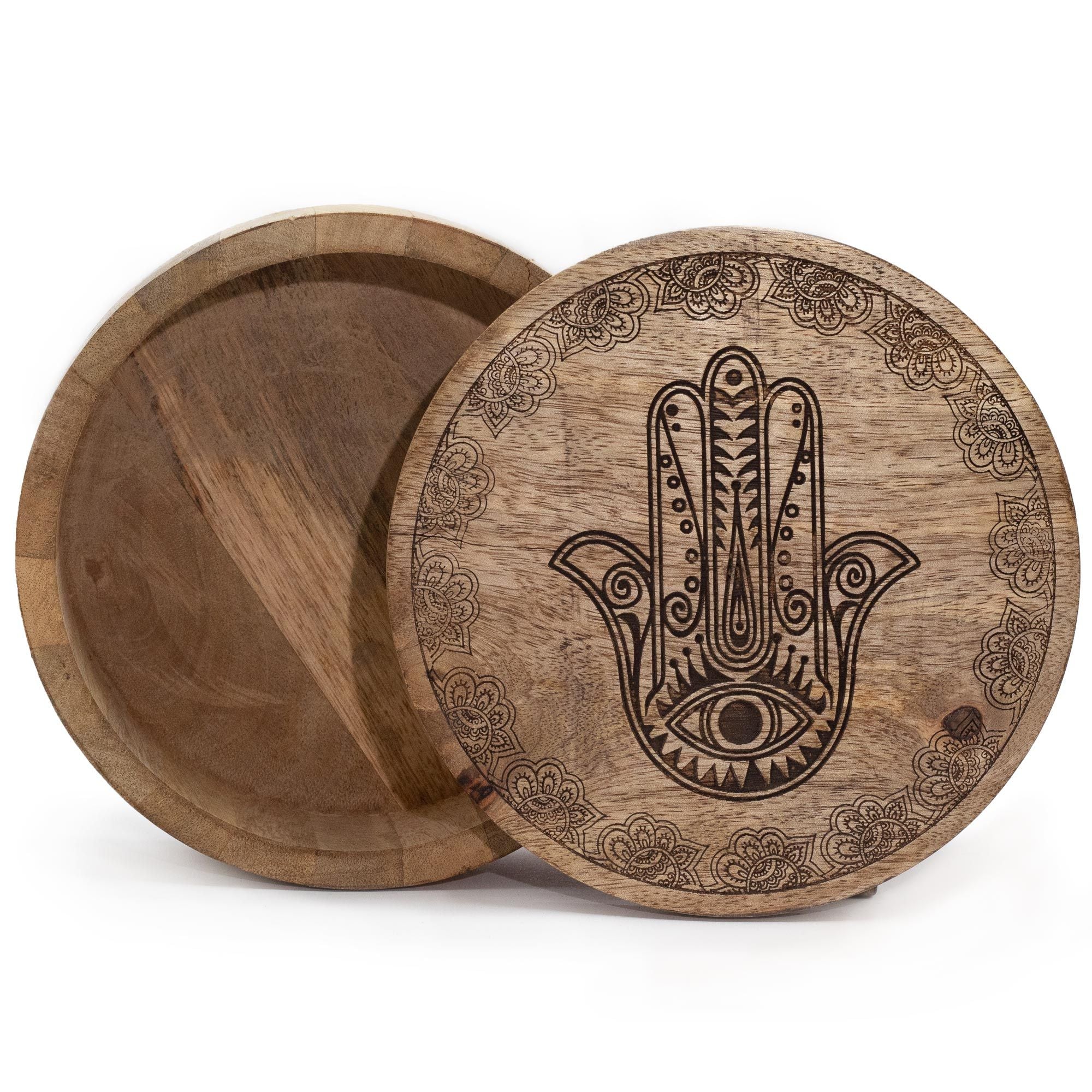 Stor rund æske 17,5x7,5 cm - Hamsa sort graveret