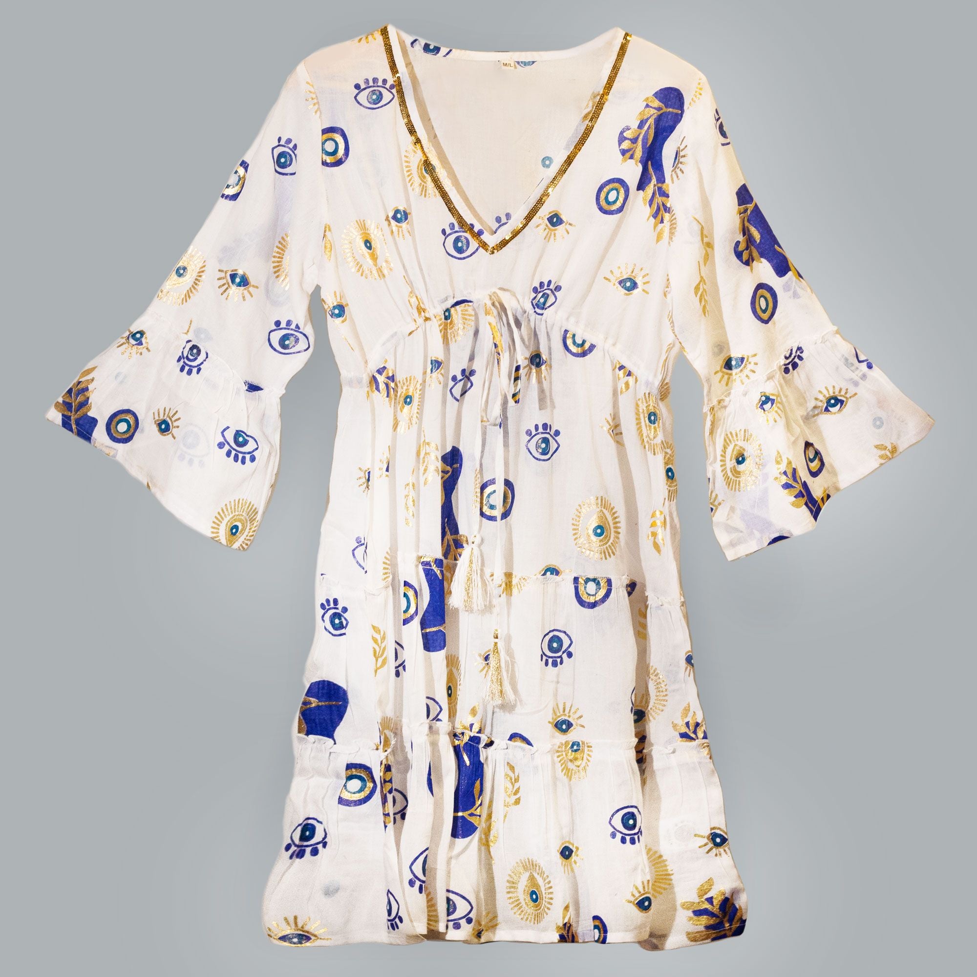(ML) Nomad Sari On the Med Collection - Dress -  White , Blue & Gold Evil Eye Design