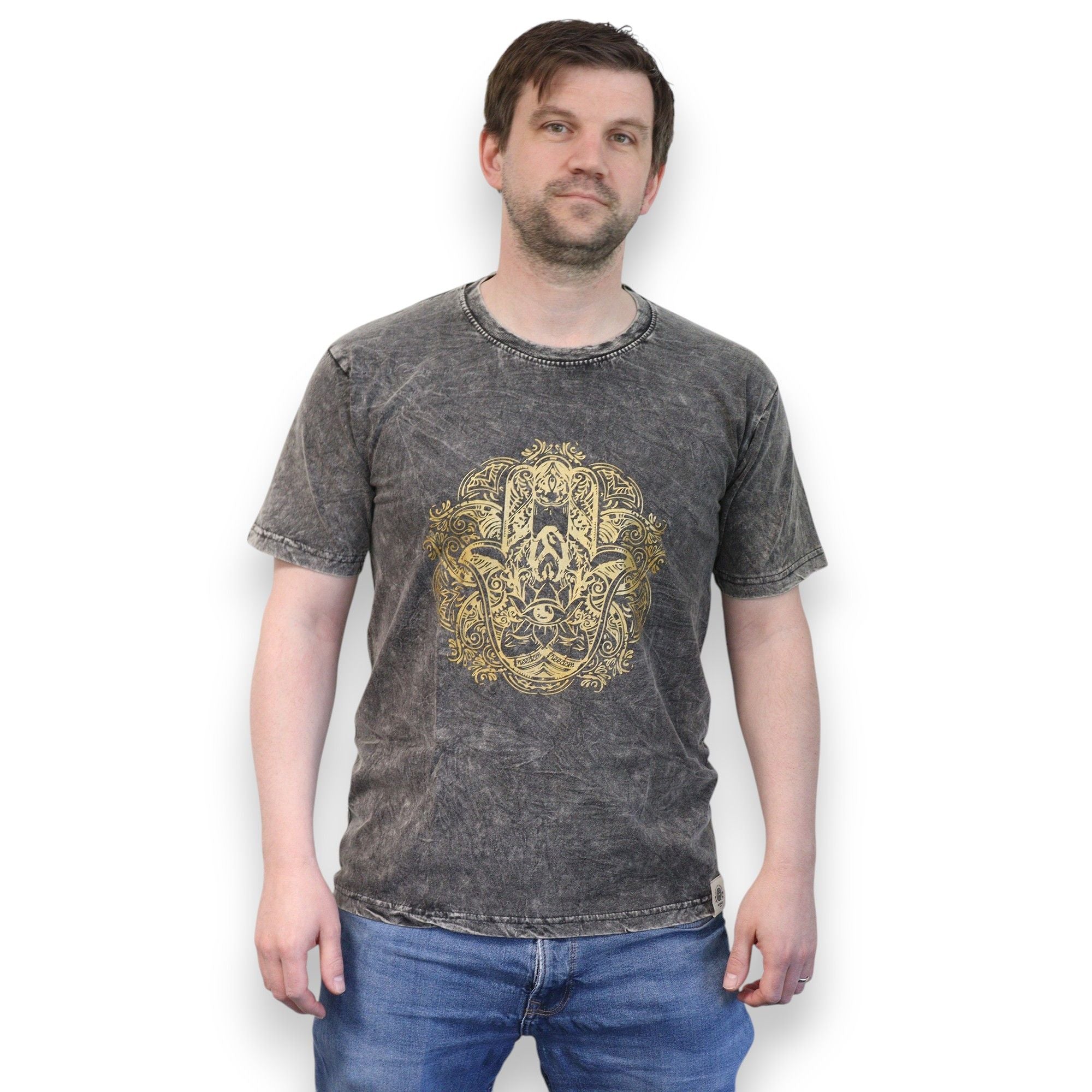 Small Stone Washed Teashirt - Hamsa - Dark Grey
