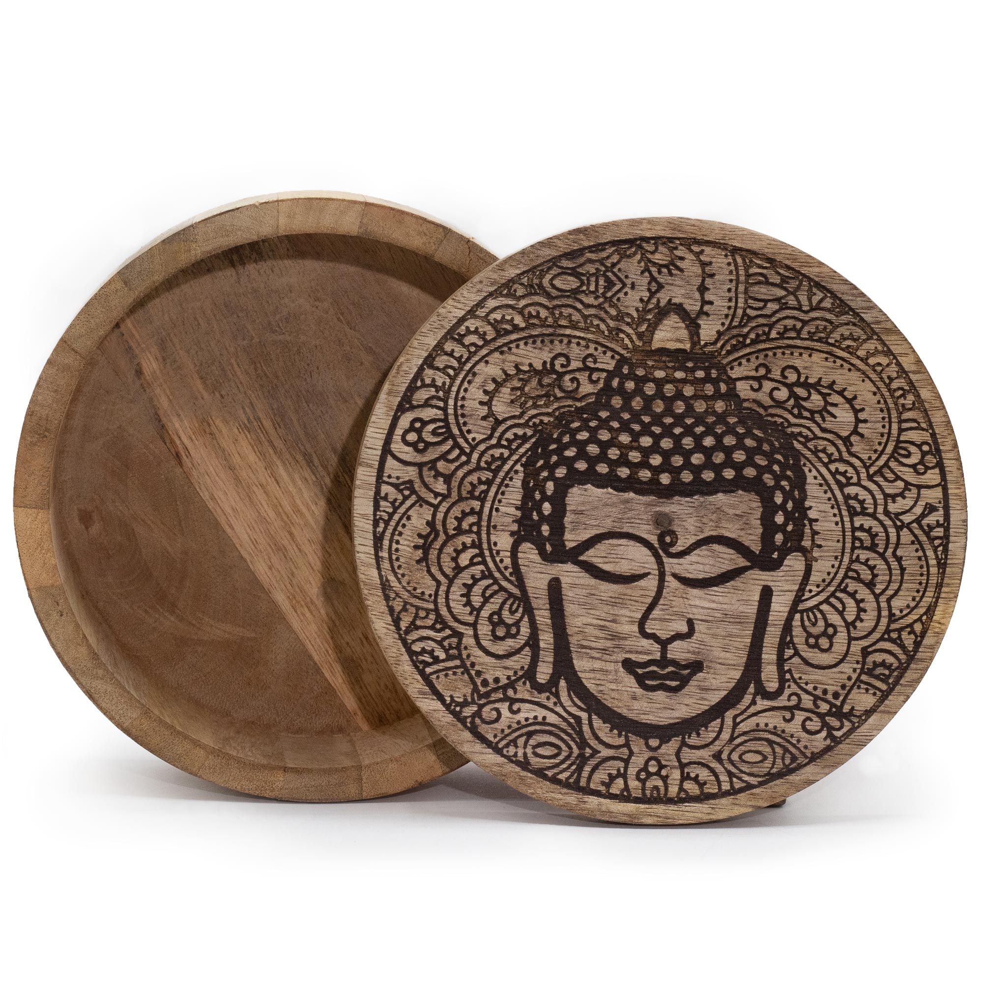 Stor rund æske 17,5x7,5 cm - Buddha ansigt sort graveret