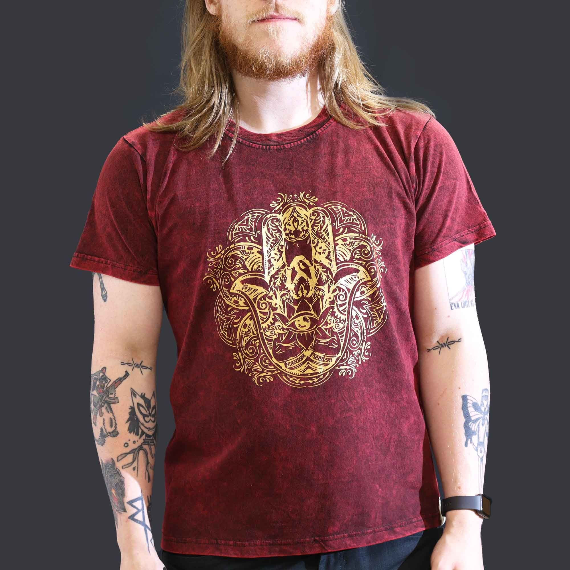 Large Stone Washed Teashirt - Hamsa - Maroon