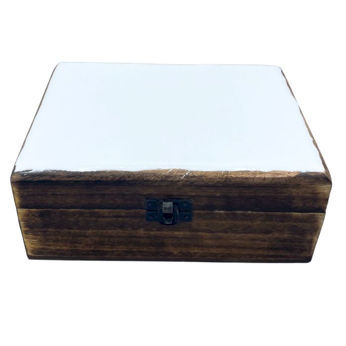 Stor keramisk glaseret trææske - 20x15x7,5cm - Hvid