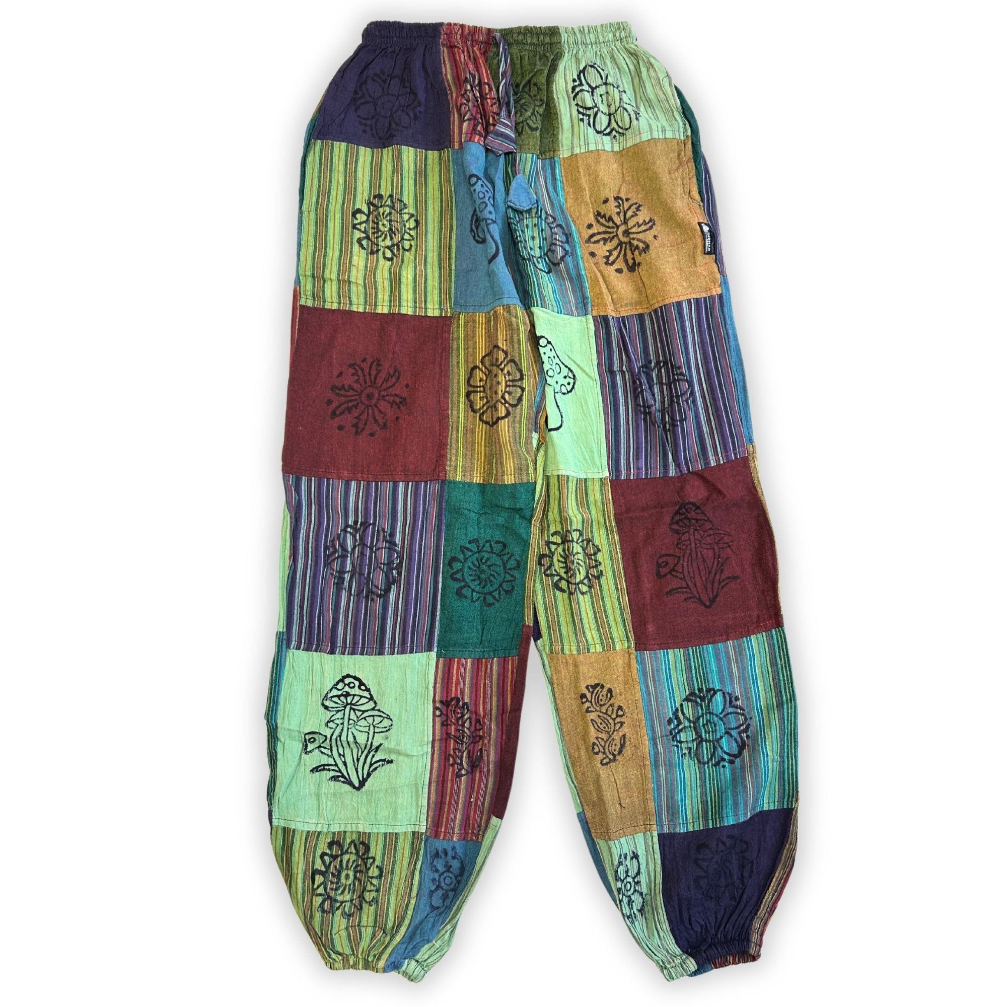 Nomad Sari - Mushroom Pants - Block Print Designs - Green Tones (110x120cm) L/XL